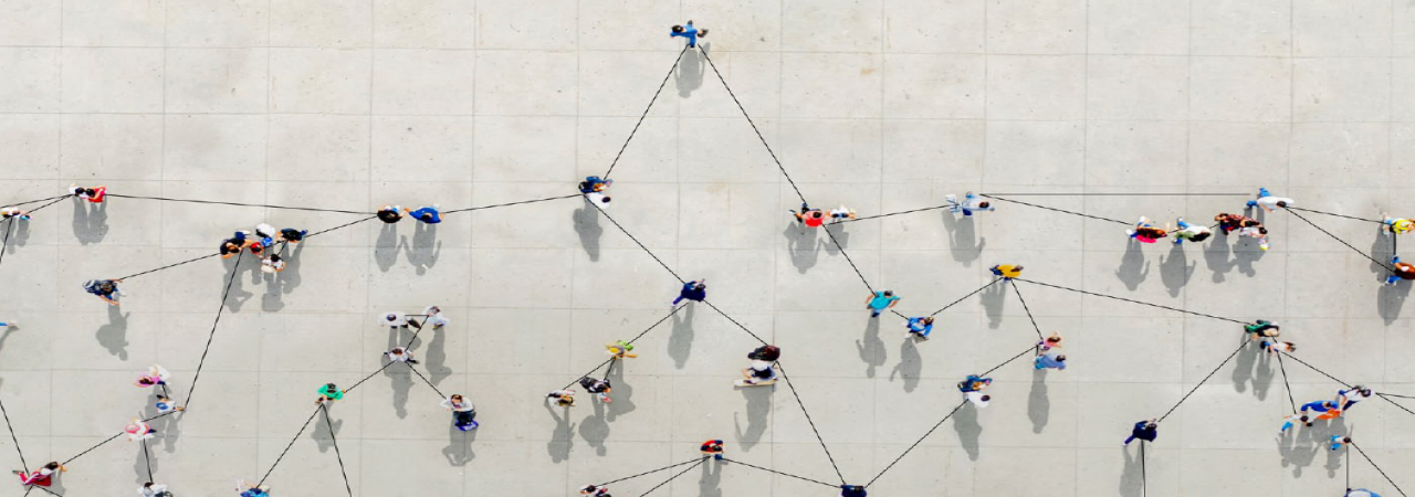 Top view of people connected by a line in the square